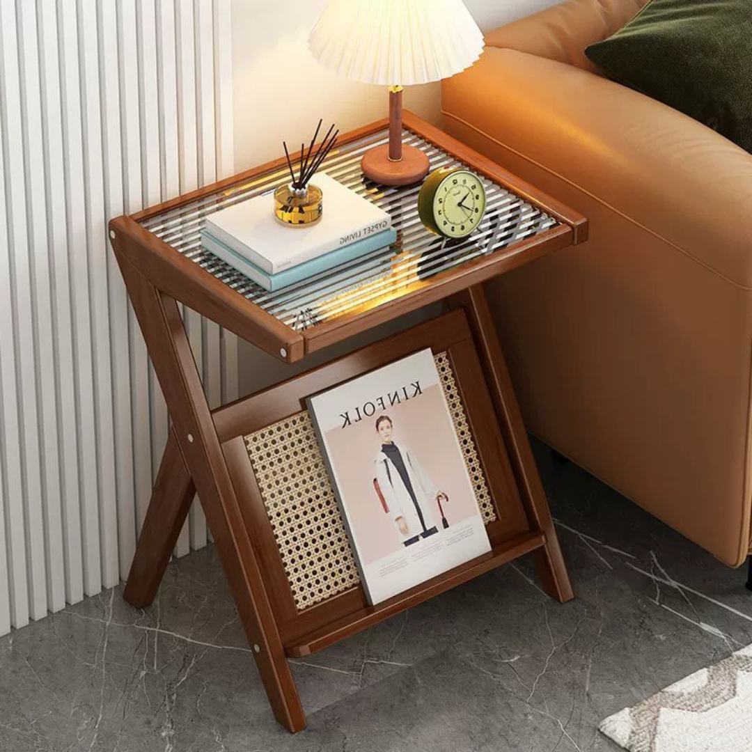 Elegant Z-Shape Boho Wooden Side Table with Toughened Glass Top