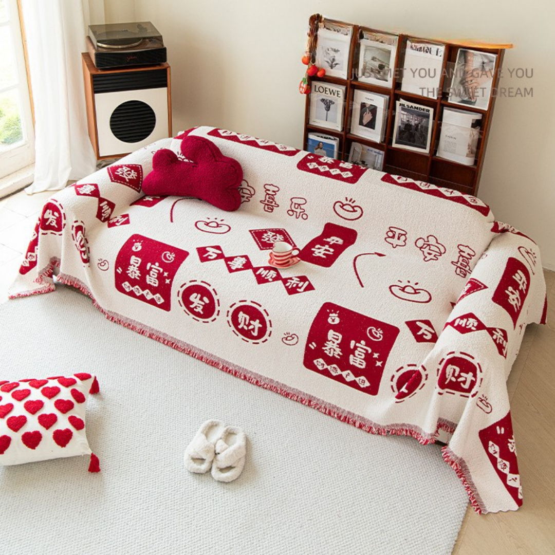 Festive Mahjong Chenille Double Sided Soft Textured Throw Sofa Blanket Cover