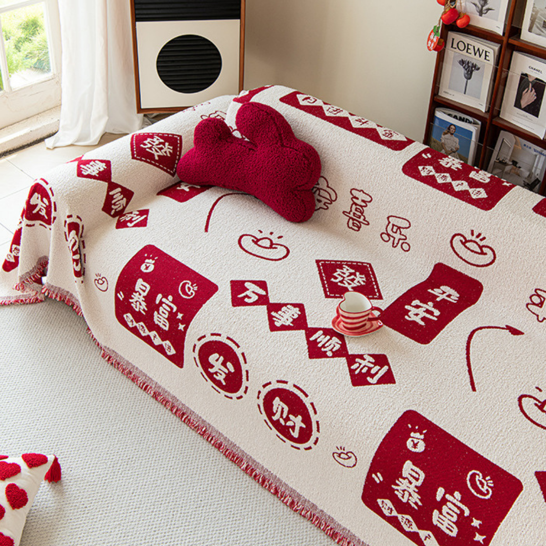 Festive Mahjong Chenille Double Sided Soft Textured Throw Sofa Blanket Cover