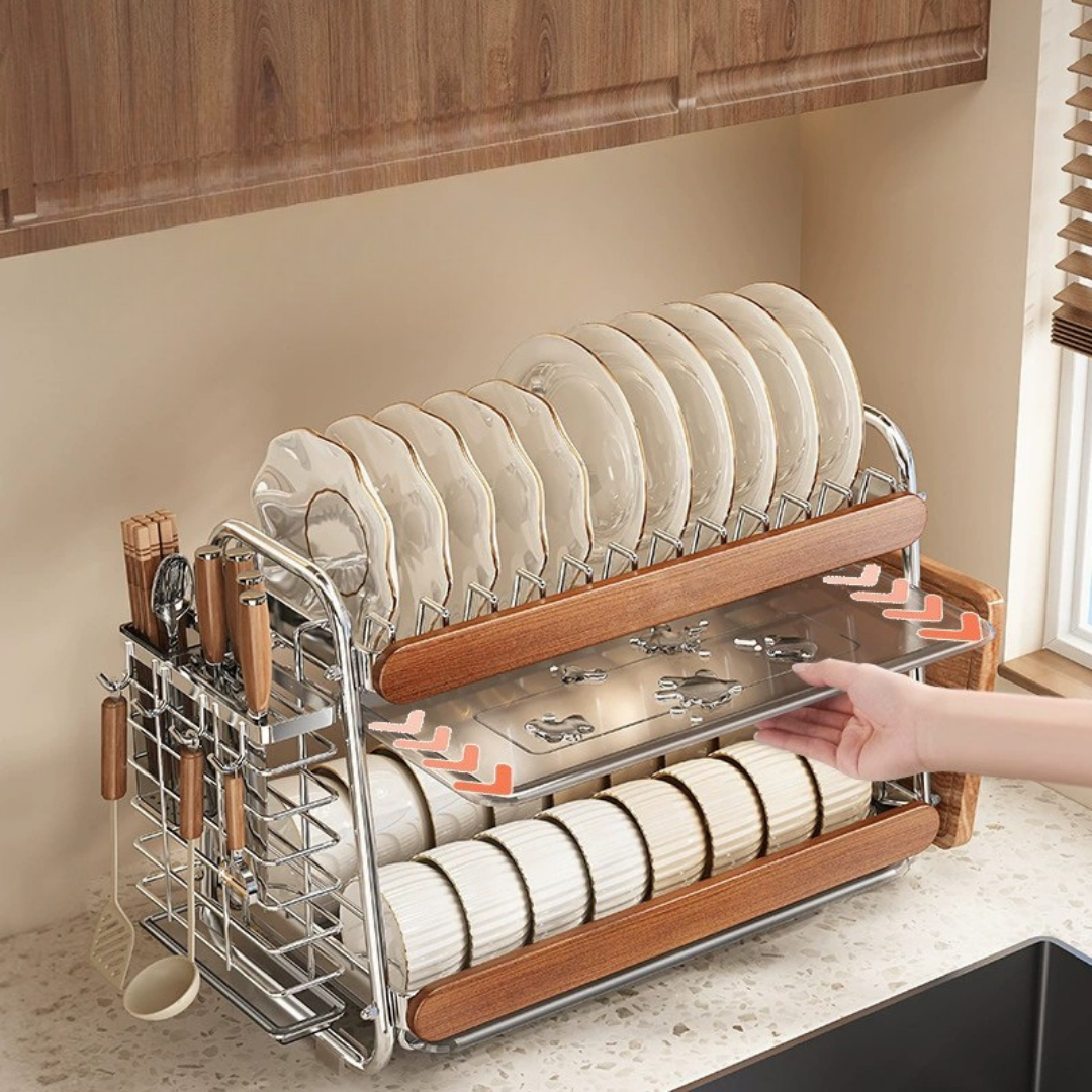 Homero 2-Tier Stainless Steel Wooden Touch Storage Rack