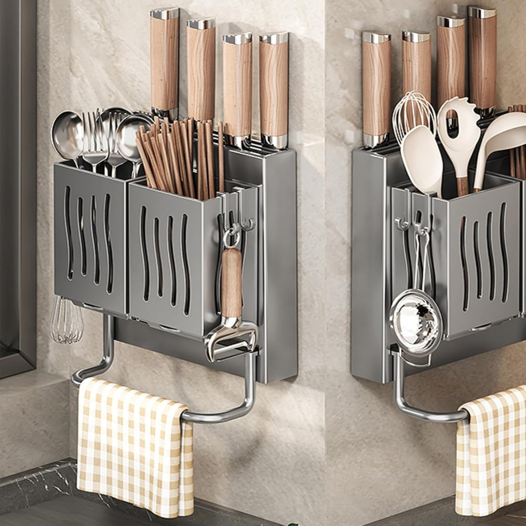 Multifunctional Wall Mounted Knife and Utensil Organizer with Dual Storage Baskets