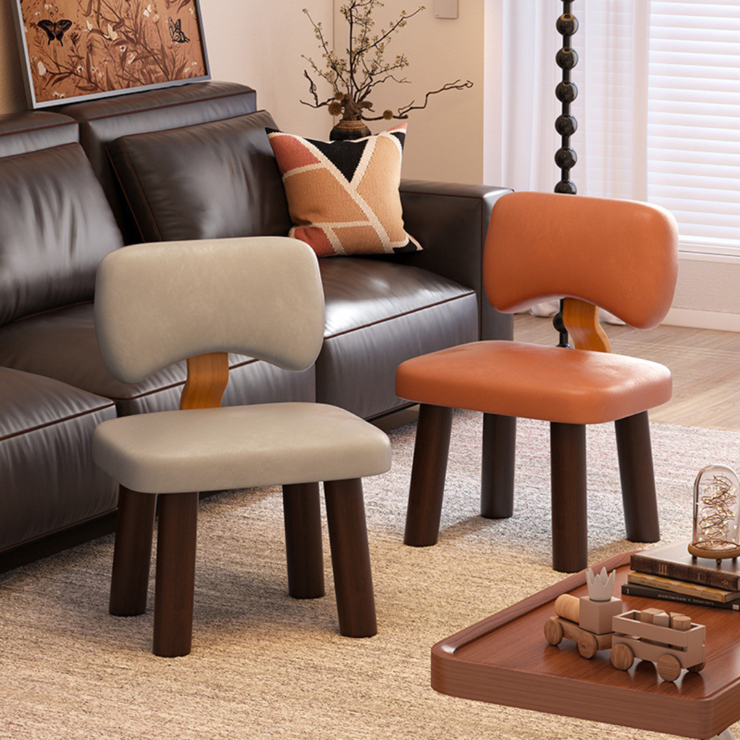 HOMERO Nordic Leather Low Stool with Backrest Solid Wood Frame