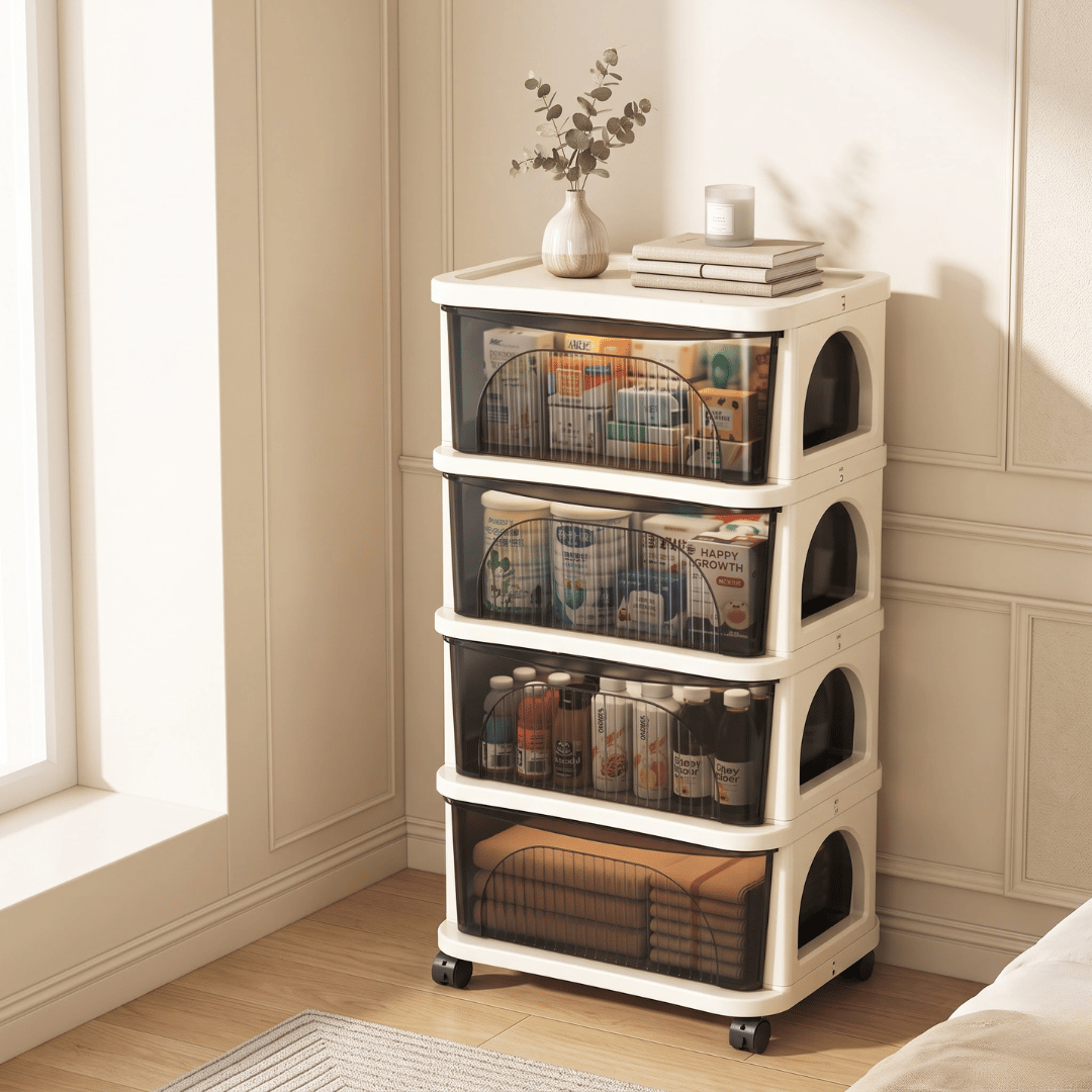 4-Tier Plastic Modular Rolling Storage Cart with Transparent Pull-Out Drawers and Wheels