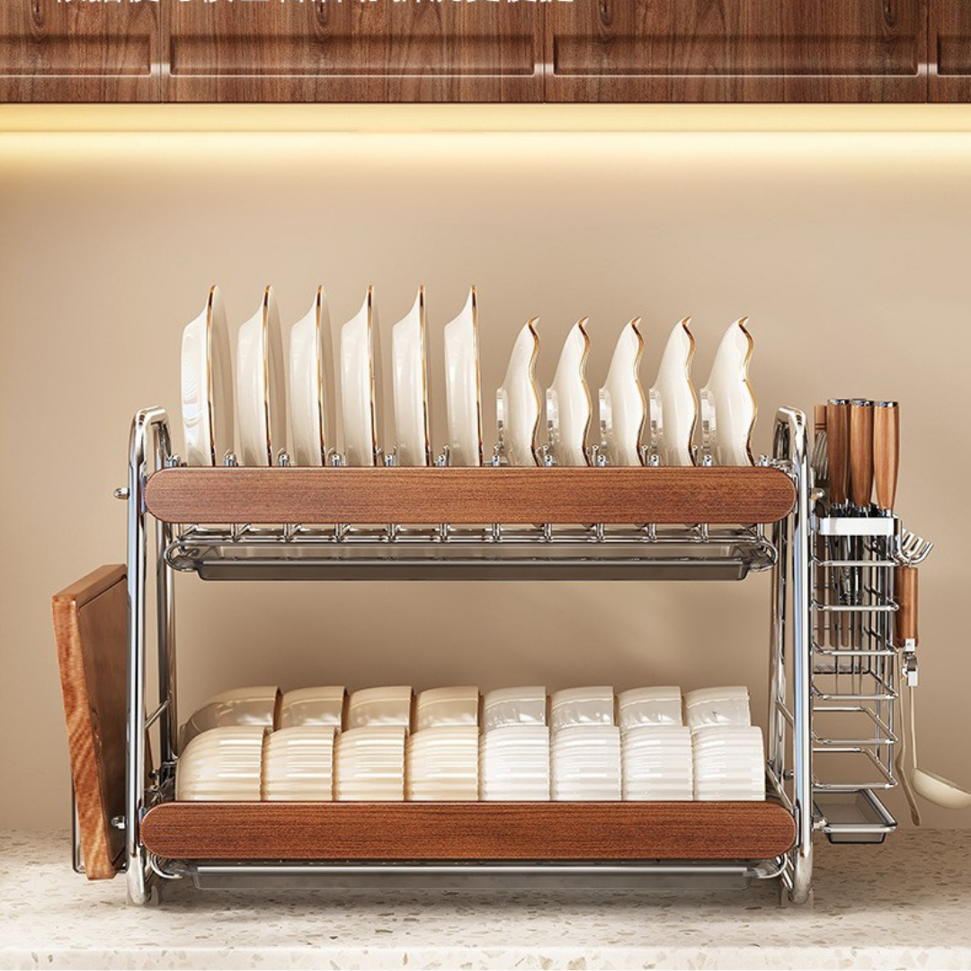 Homero 2-Tier Stainless Steel Wooden Touch Storage Rack