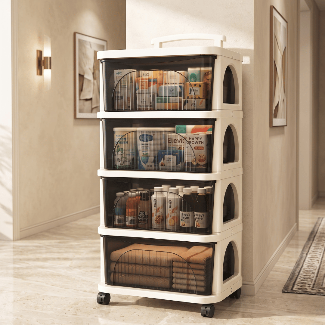 4-Tier Plastic Modular Rolling Storage Cart with Transparent Pull-Out Drawers and Wheels