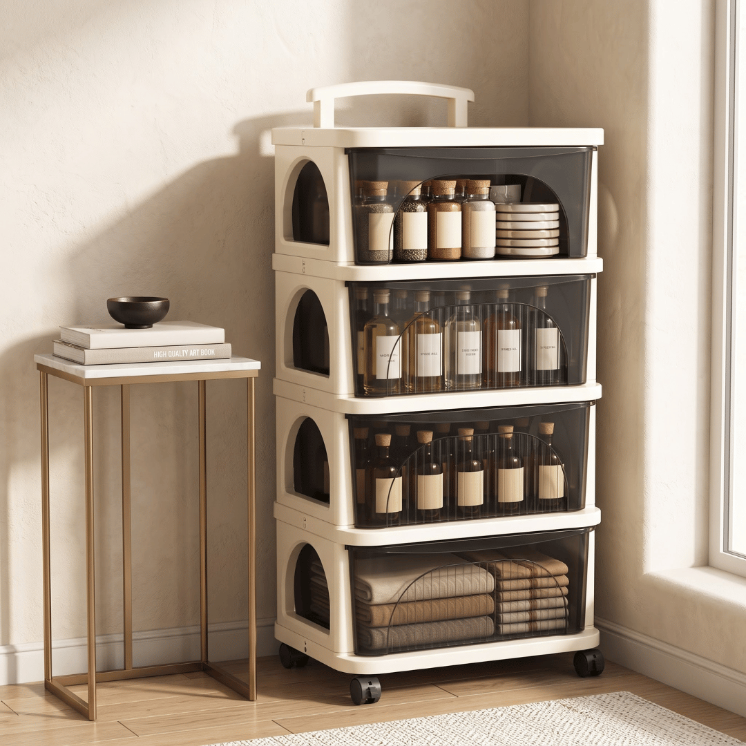 4-Tier Plastic Modular Rolling Storage Cart with Transparent Pull-Out Drawers and Wheels