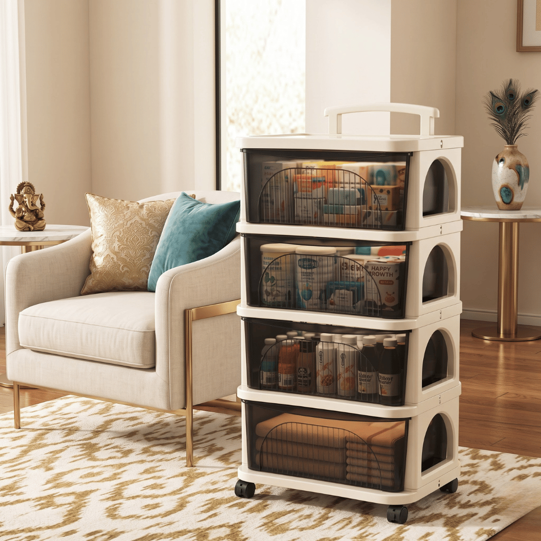 4-Tier Plastic Modular Rolling Storage Cart with Transparent Pull-Out Drawers and Wheels