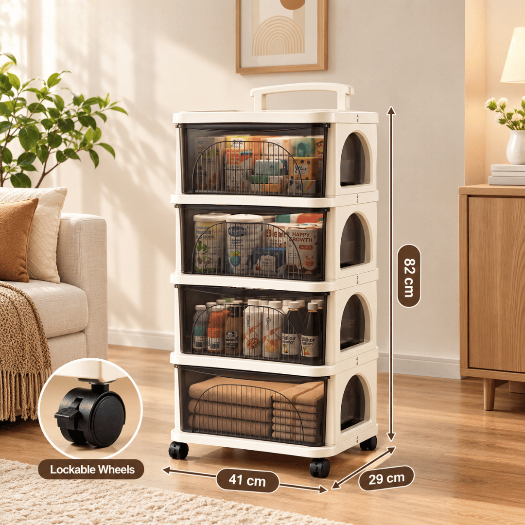 4-Tier Plastic Modular Rolling Storage Cart with Transparent Pull-Out Drawers and Wheels