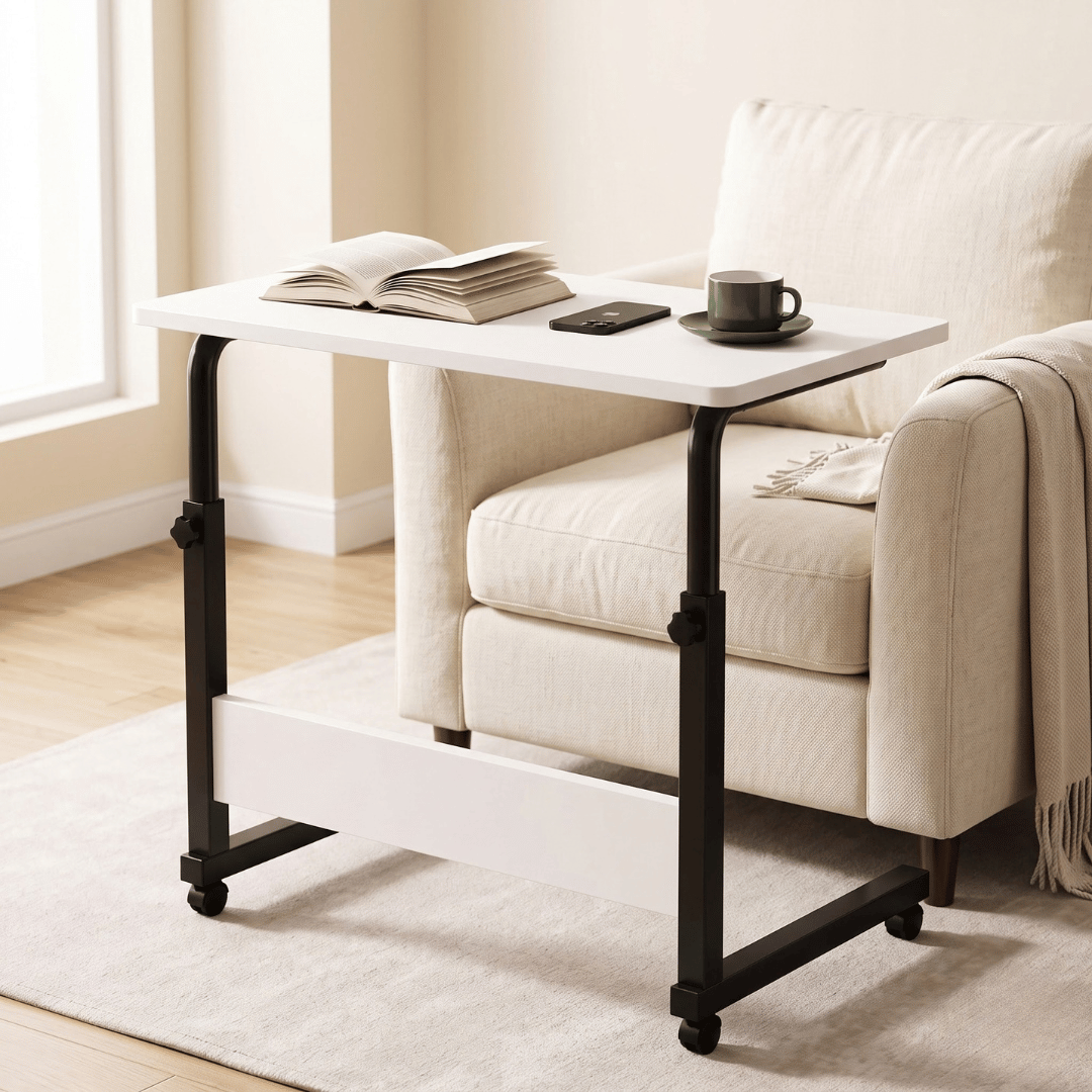 Multipurpose Height Adjustable Side Table With Lockable Wheels