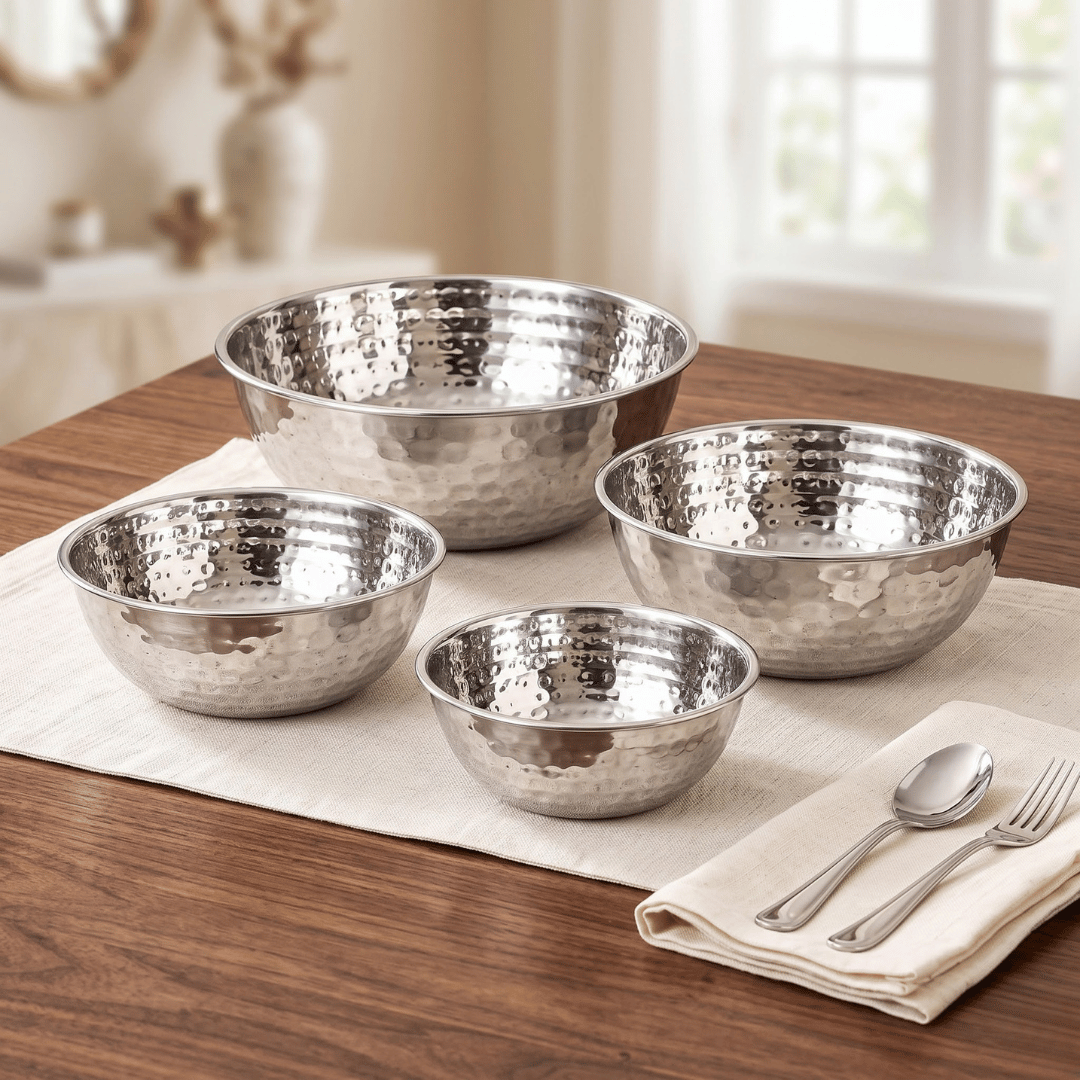 Multipurpose Stainless Steel Serving Bowls with Hammered Finish (Set of 4)