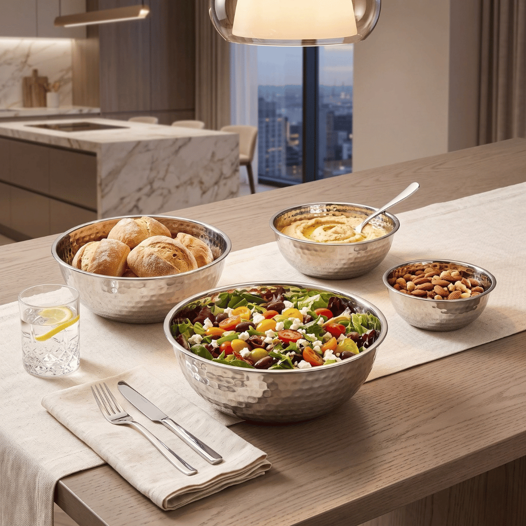 Multipurpose Stainless Steel Serving Bowls with Hammered Finish (Set of 4)