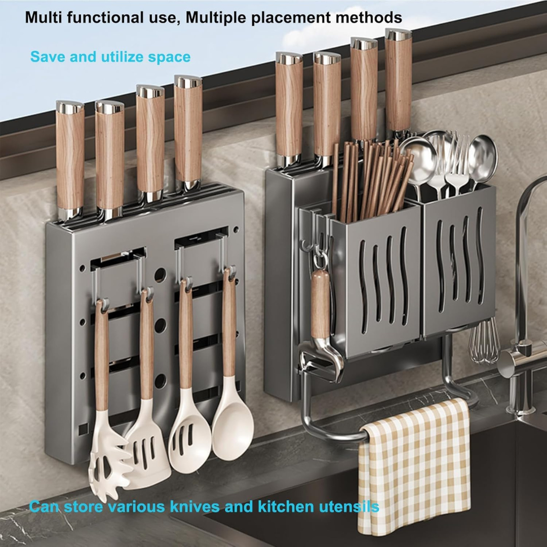 Multifunctional Wall Mounted Knife and Utensil Organizer with Dual Storage Baskets