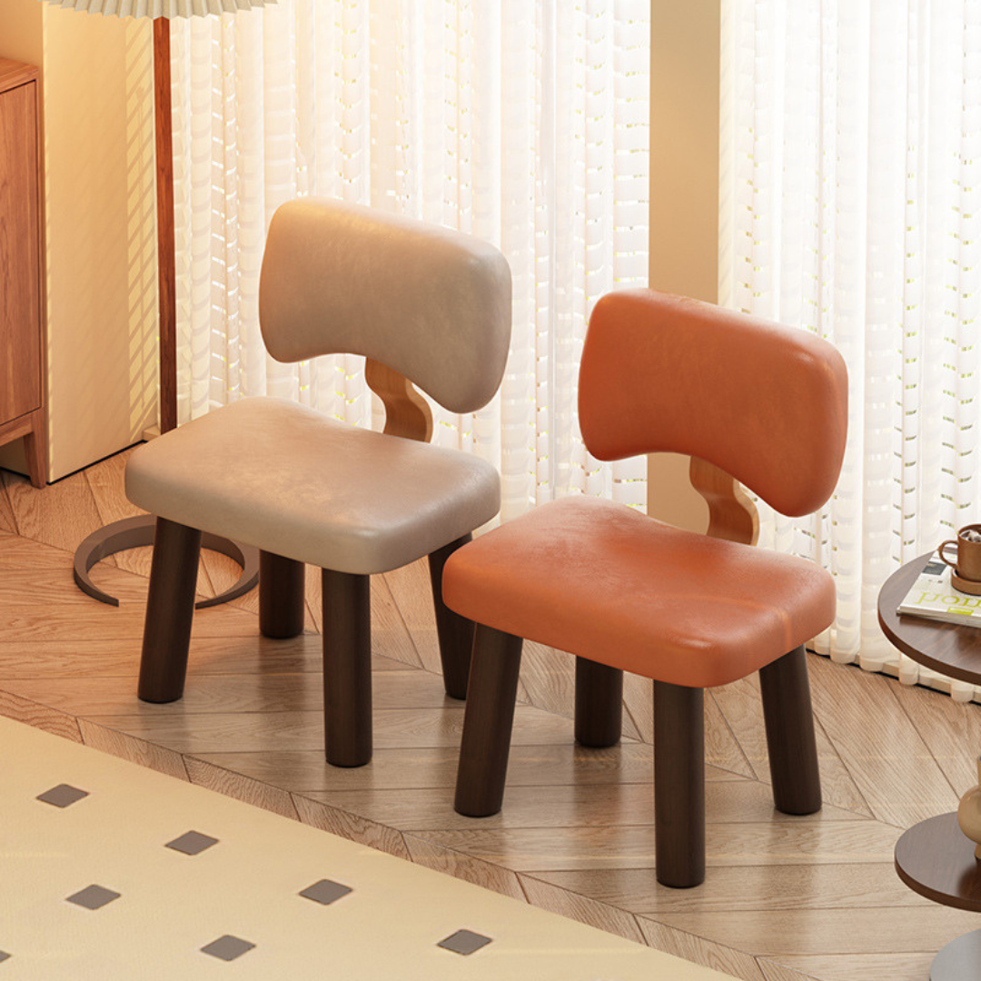HOMERO Nordic Leather Low Stool with Backrest Solid Wood Frame