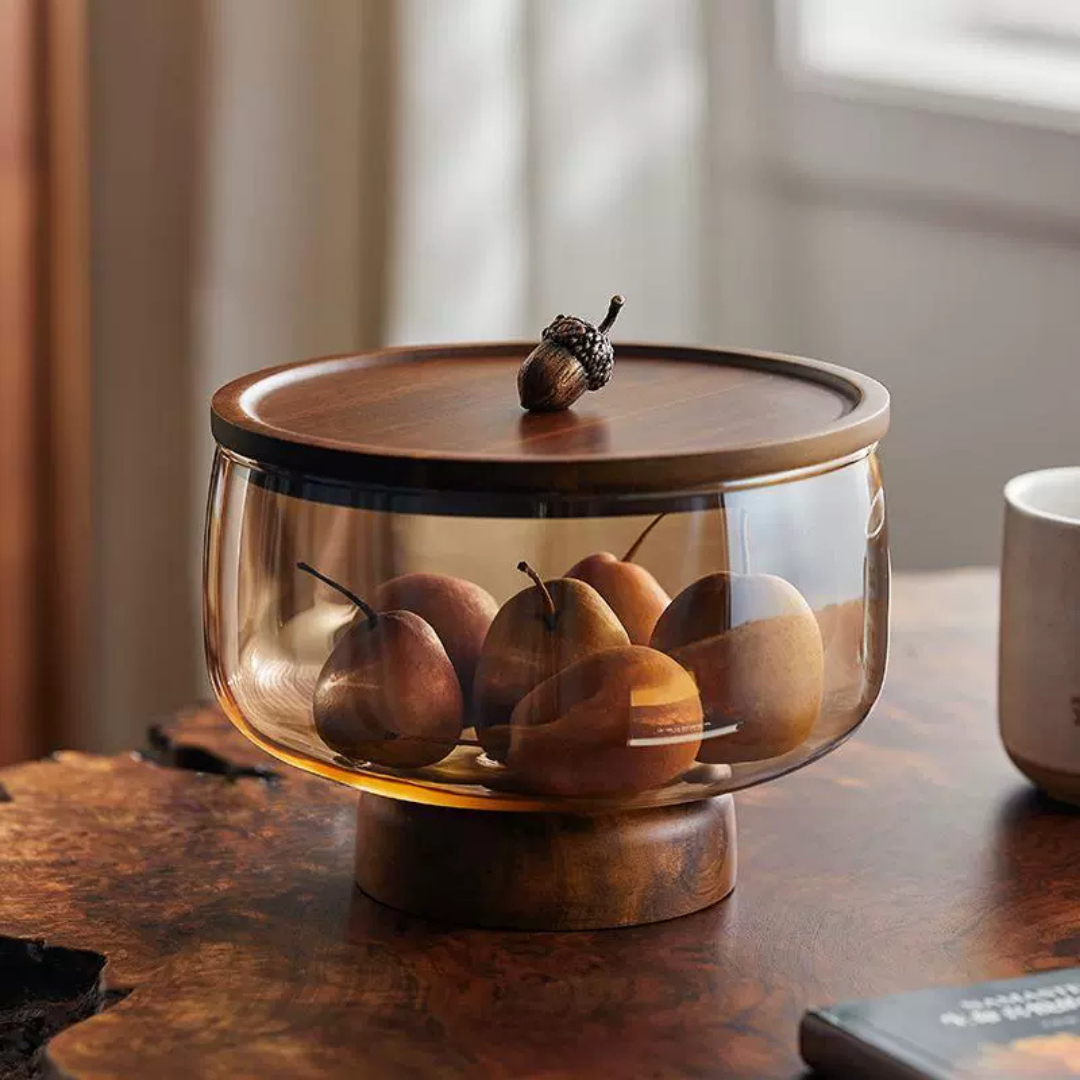Homero Multi-Use Transparent Glass Storage Fruit Tray with Acorn Handle Design Wooden Lid