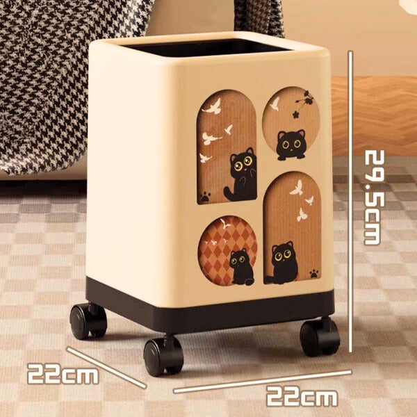 Cute Cat Print Multipurpose Trash Bin with Wheels 15L