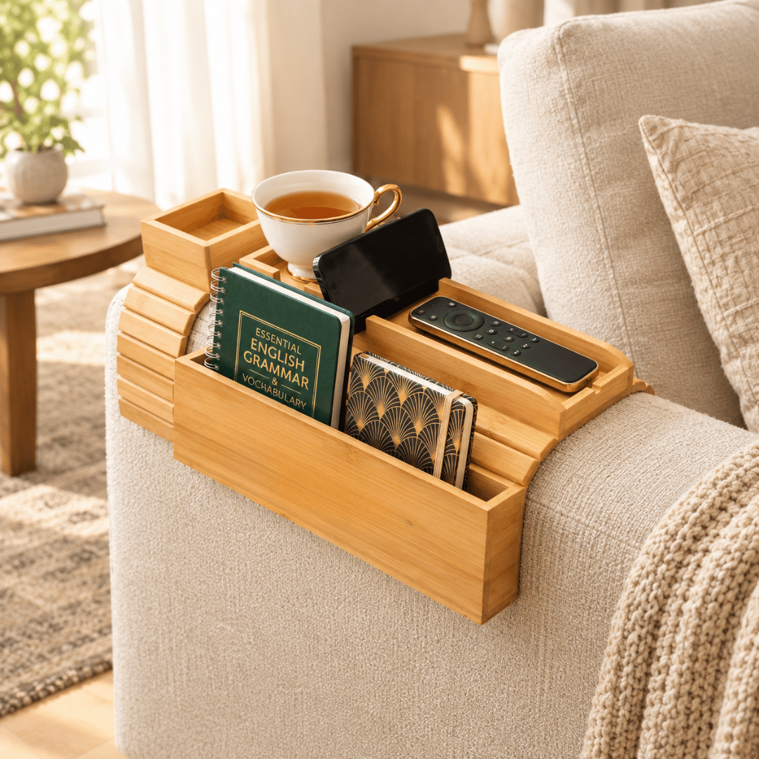 Natural Bamboo Sofa Armrest Tray Table with Storage Slots and Mug Holder