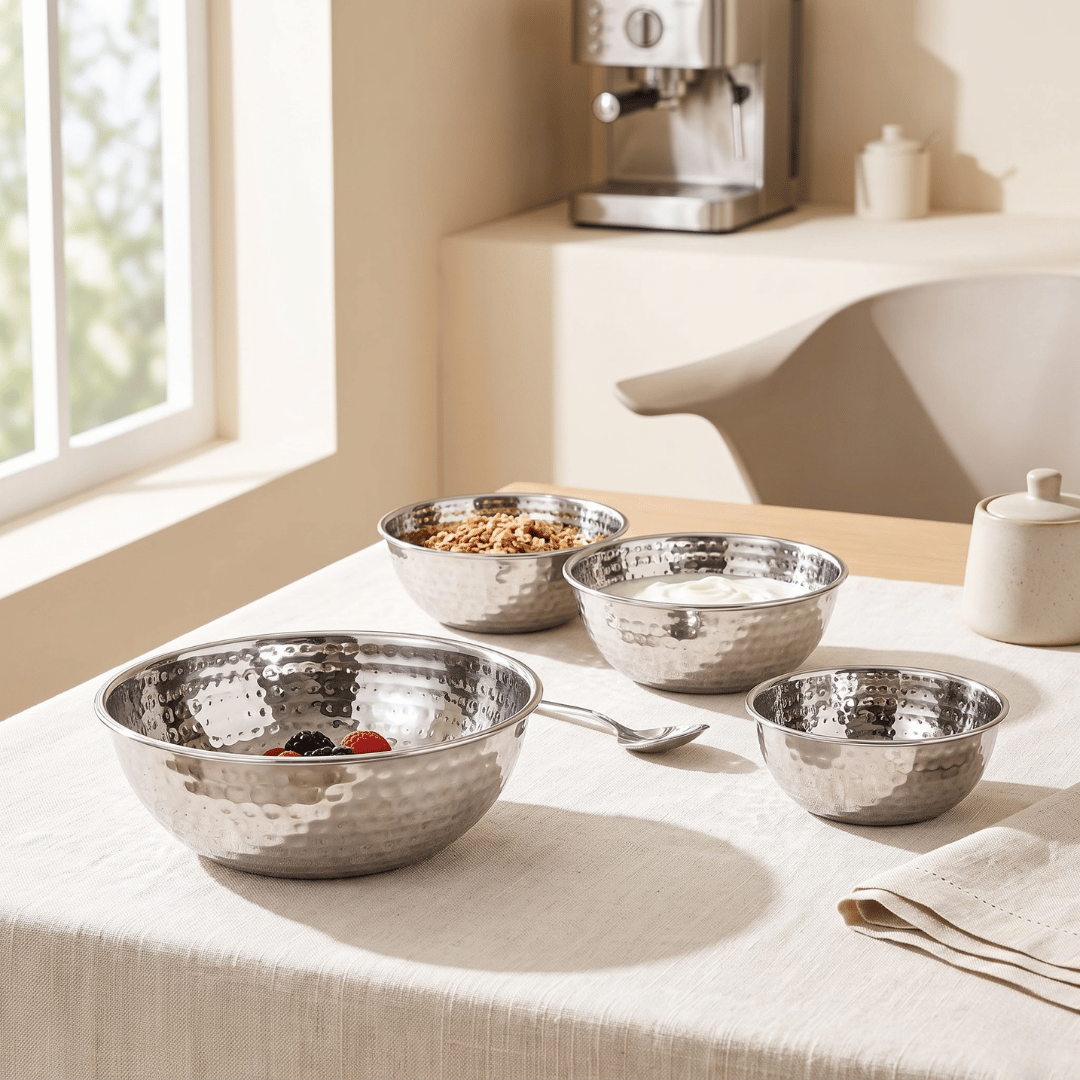 Multipurpose Stainless Steel Serving Bowls with Hammered Finish (Set of 4)