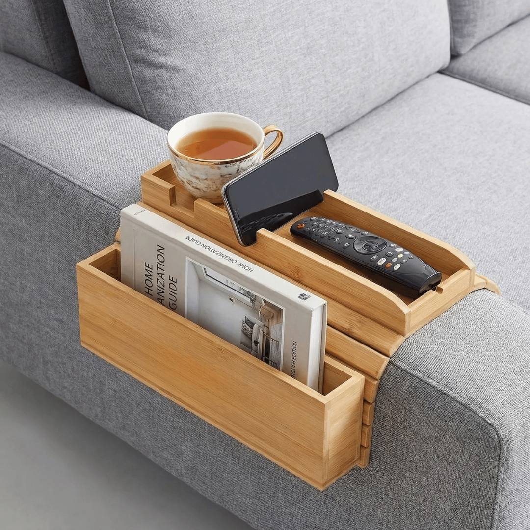 Natural Bamboo Sofa Armrest Tray Table with Storage Slots and Mug Holder