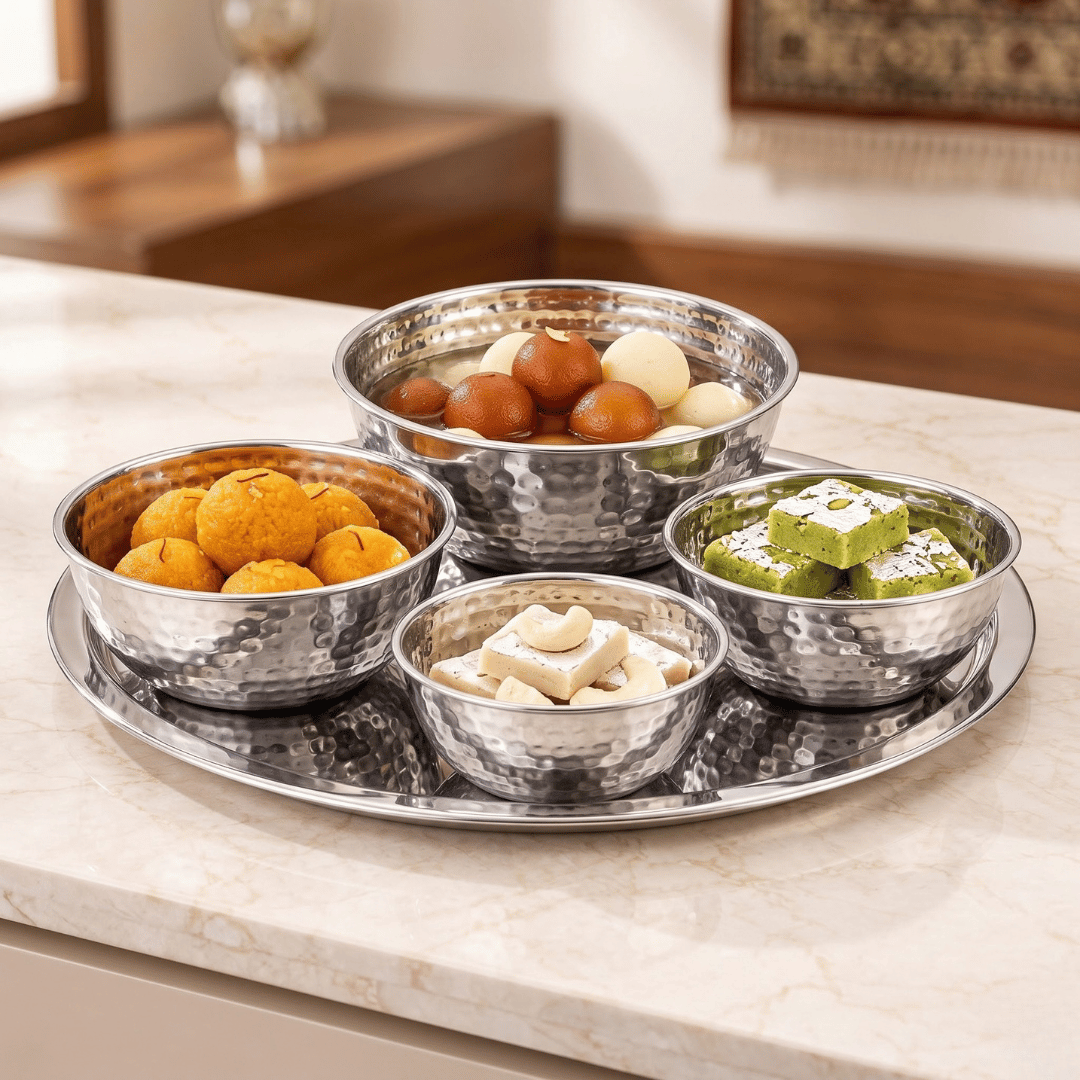 Multipurpose Stainless Steel Serving Bowls with Hammered Finish (Set of 4)