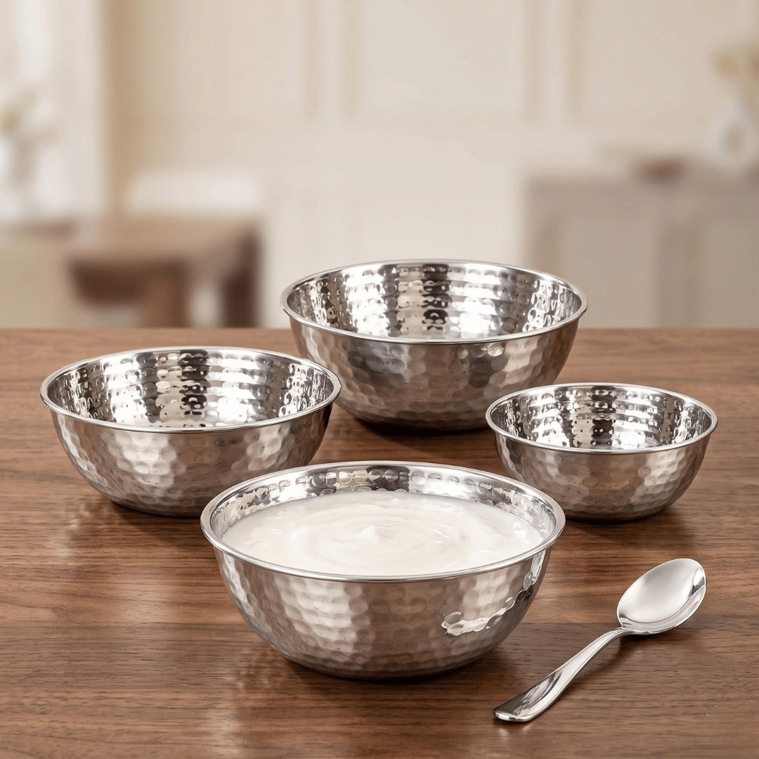 Multipurpose Stainless Steel Serving Bowls with Hammered Finish (Set of 4)