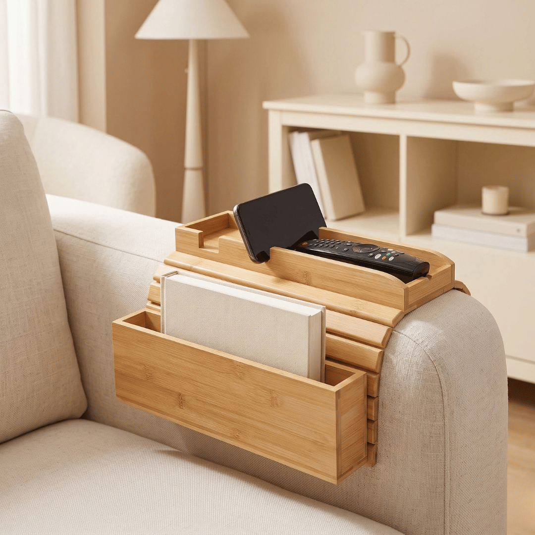 Natural Bamboo Sofa Armrest Tray Table with Storage Slots and Mug Holder