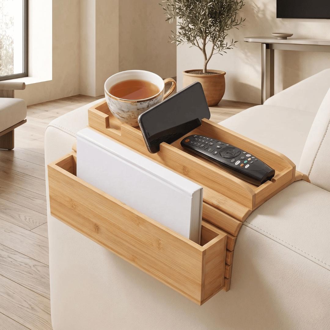 Natural Bamboo Sofa Armrest Tray Table with Storage Slots and Mug Holder