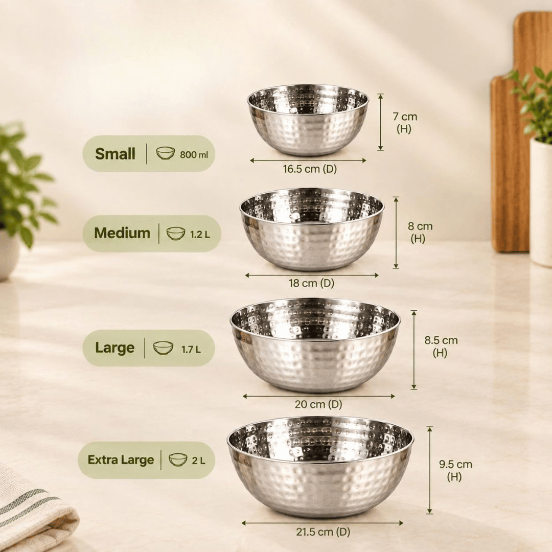 Multipurpose Stainless Steel Serving Bowls with Hammered Finish (Set of 4)