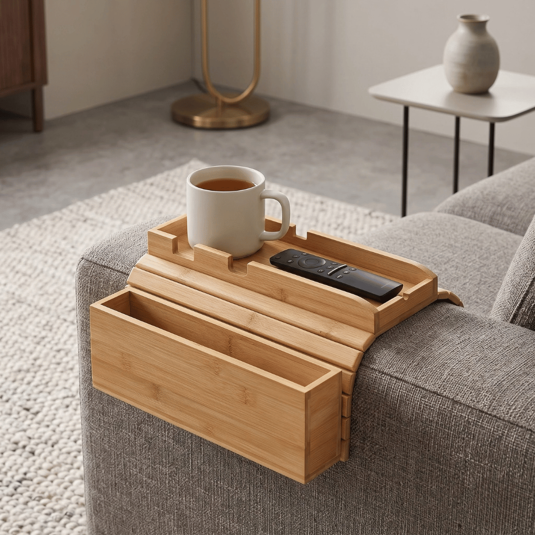 Natural Bamboo Sofa Armrest Tray Table with Storage Slots and Mug Holder