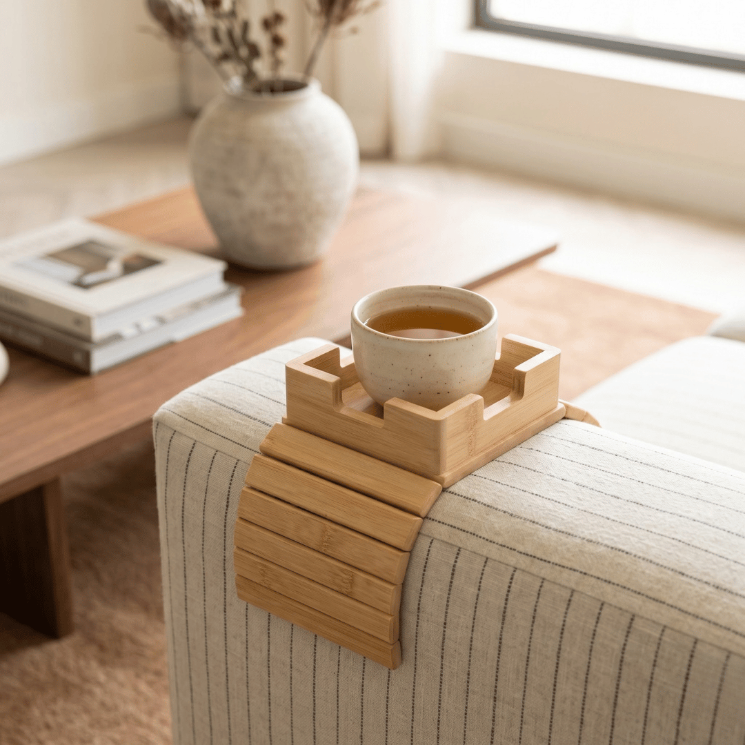 Natural Bamboo Sofa Armrest Tray Table with Storage Slots and Mug Holder