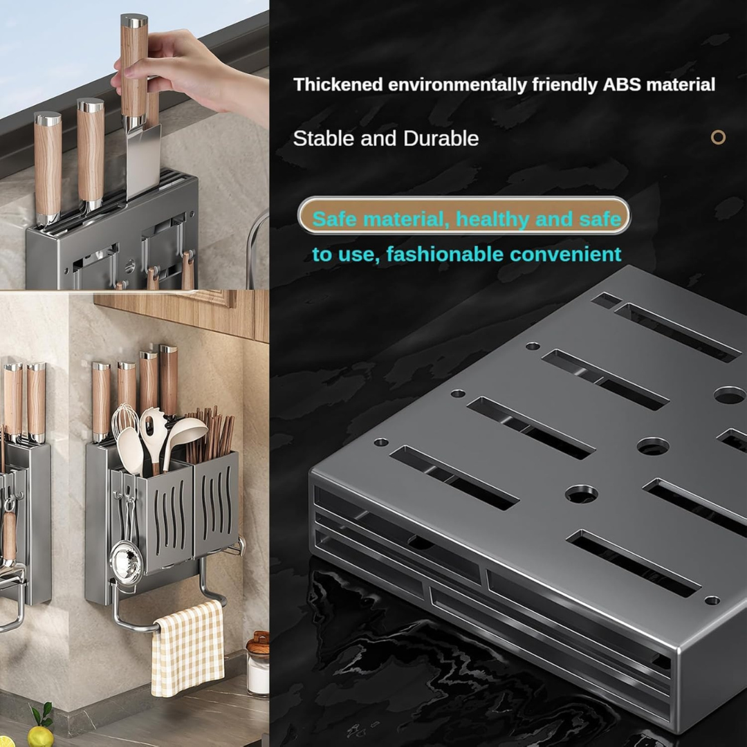 Multifunctional Wall Mounted Knife and Utensil Organizer with Dual Storage Baskets