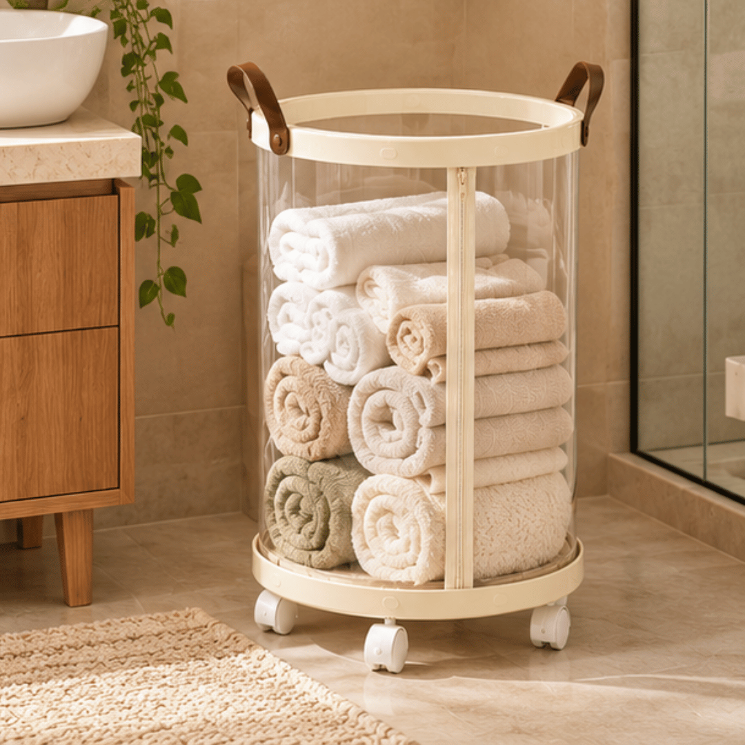 Modern Foldable Laundry Storage Basket with Transparent Body and Rotating Wheels