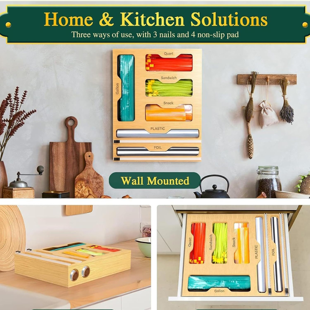 6 in 1 Bamboo Kitchen Storage Organizer with Bag Compartments and Wrap Cutters