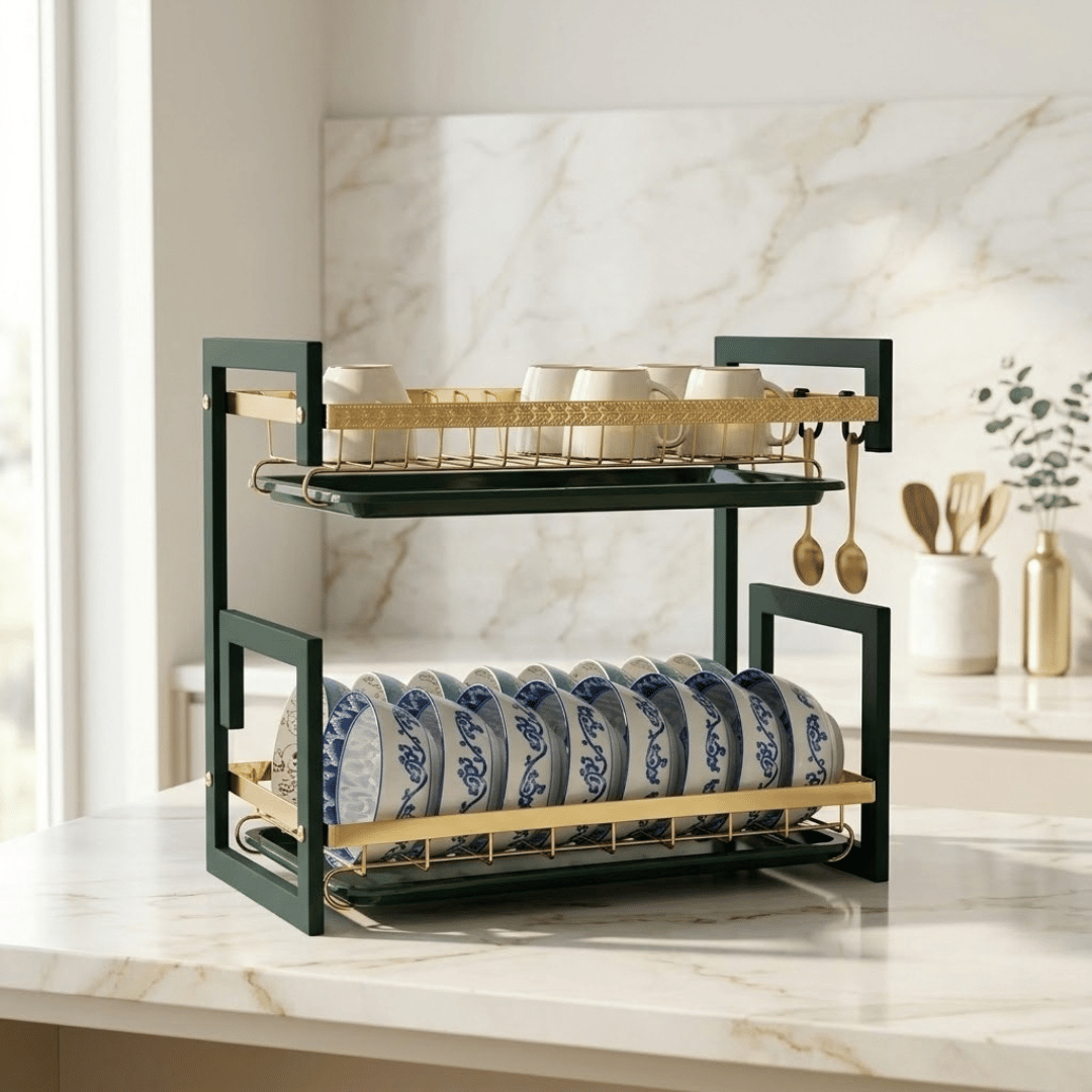 Elegant Gold finished Two Tier Dish Drying Organizer with Utensil Holder and Drainboards