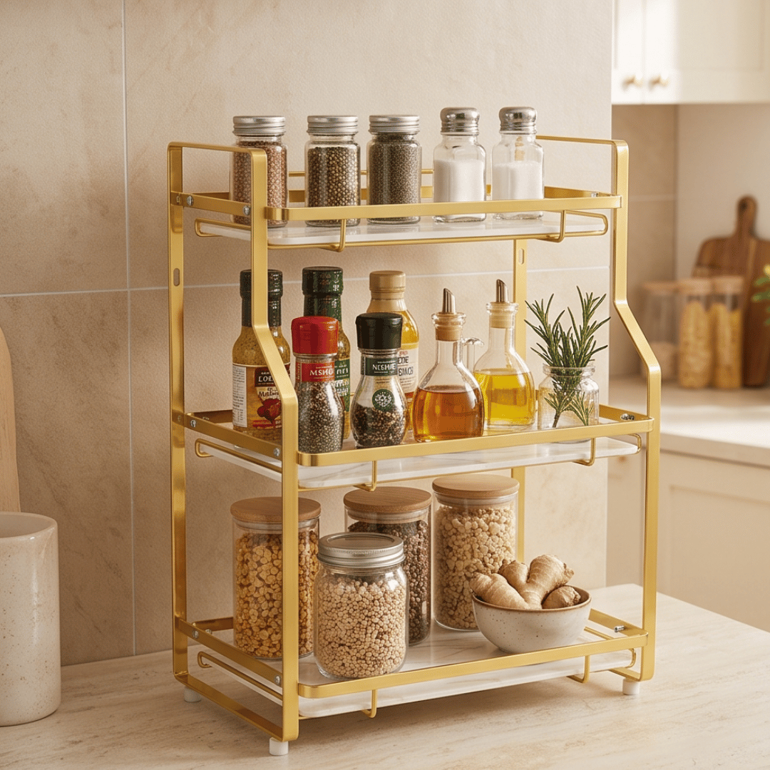 Multipurpose Gold Metal Spice Rack and Bathroom Countertop Organizer