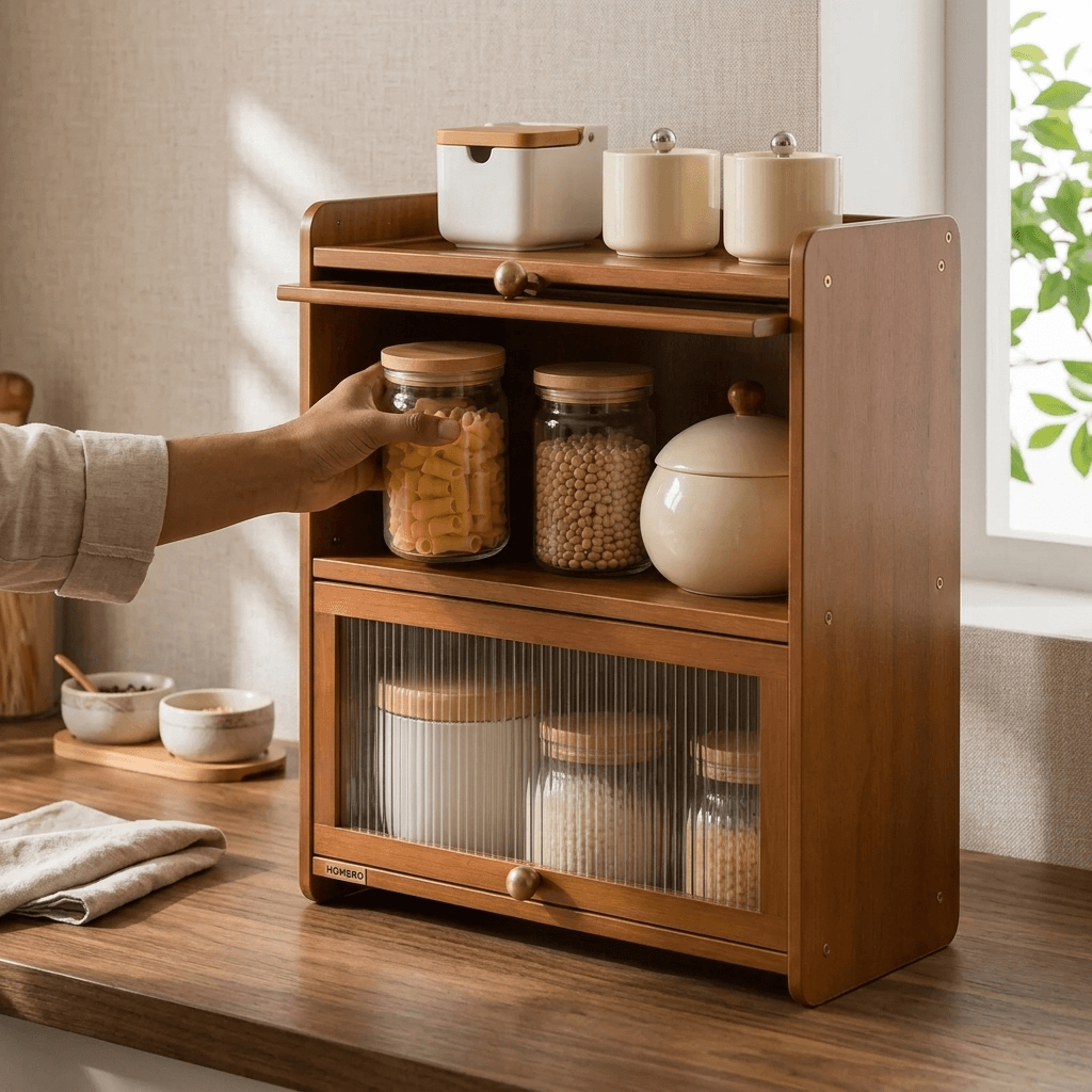 2-Tier Bamboo Acrylic Multipurpose Storage Cabinet with Translucent Flip Door