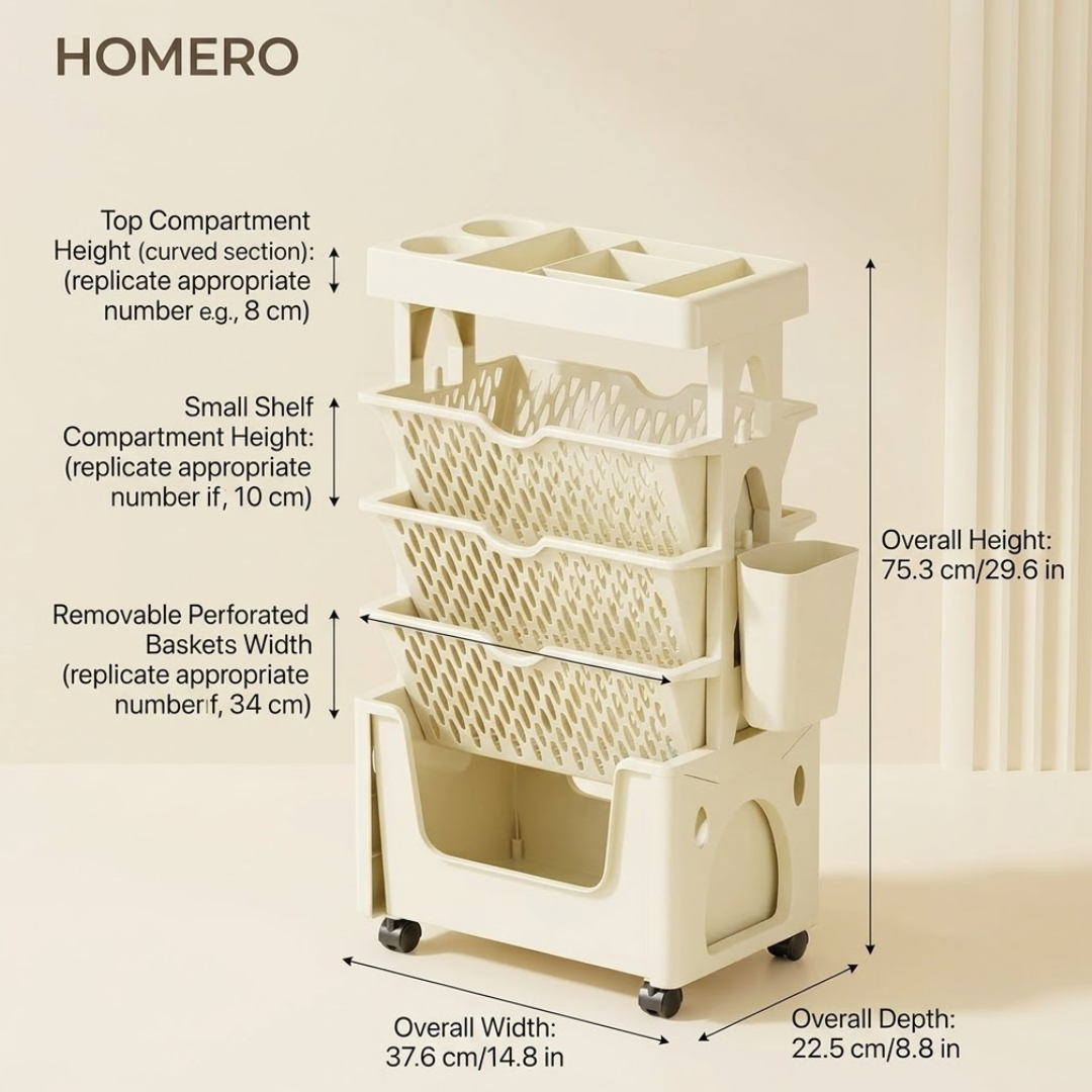 5 Tier Rolling Bookshelf Organizer with Removable Baskets Wheels