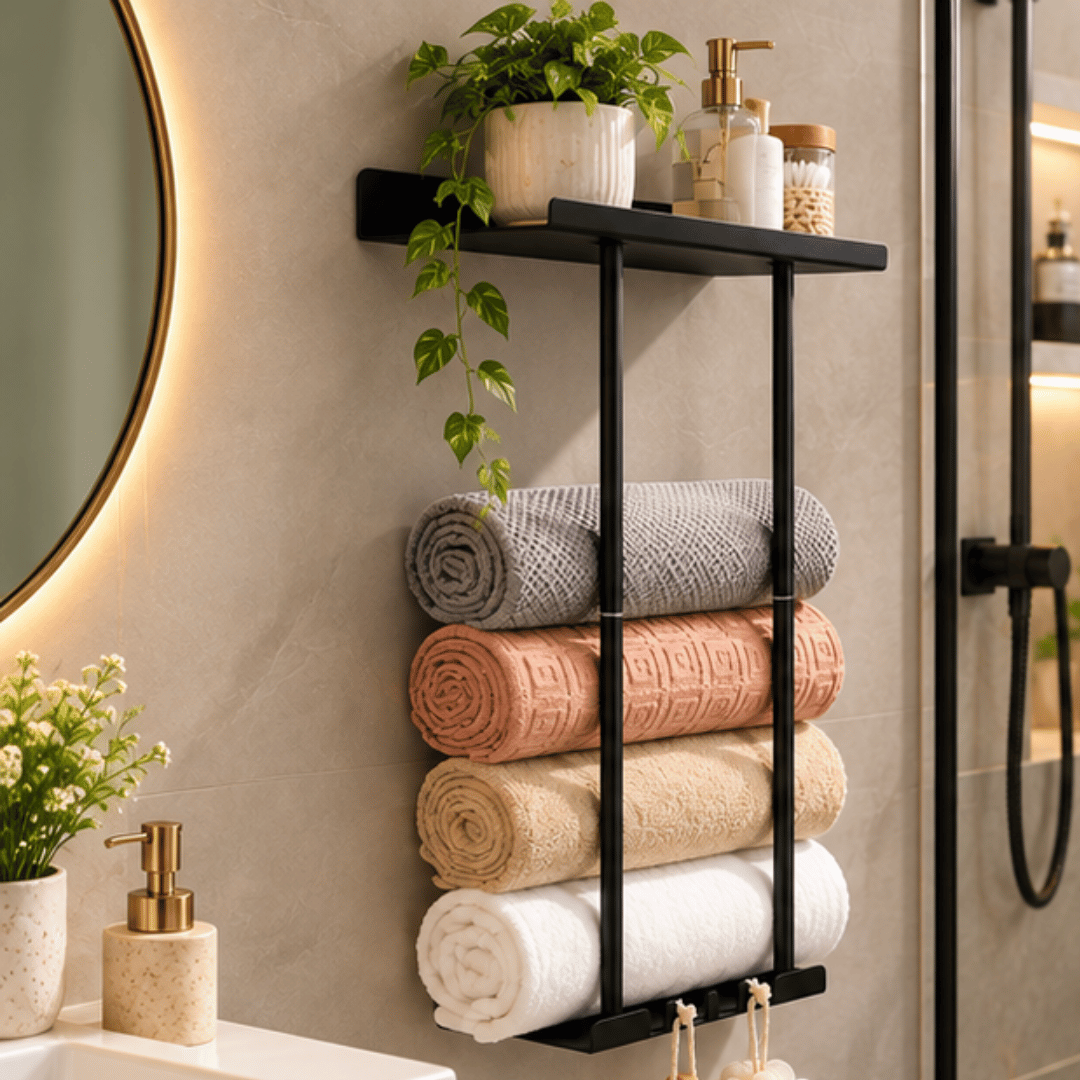 Multifunctional Bathroom Towel Organizer with Floating Shelf