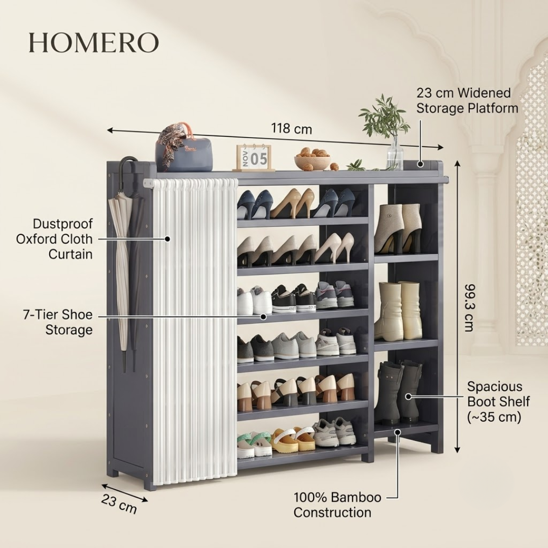 7 Tier Bamboo Shoe Rack Cabinet with Dustproof Curtain and Boot Storage