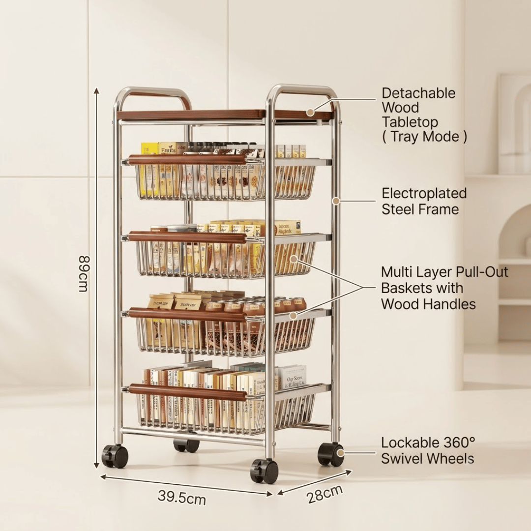 Vintage Multi Layer Storage Trolley with Pull Out Baskets and Detachable Tabletop