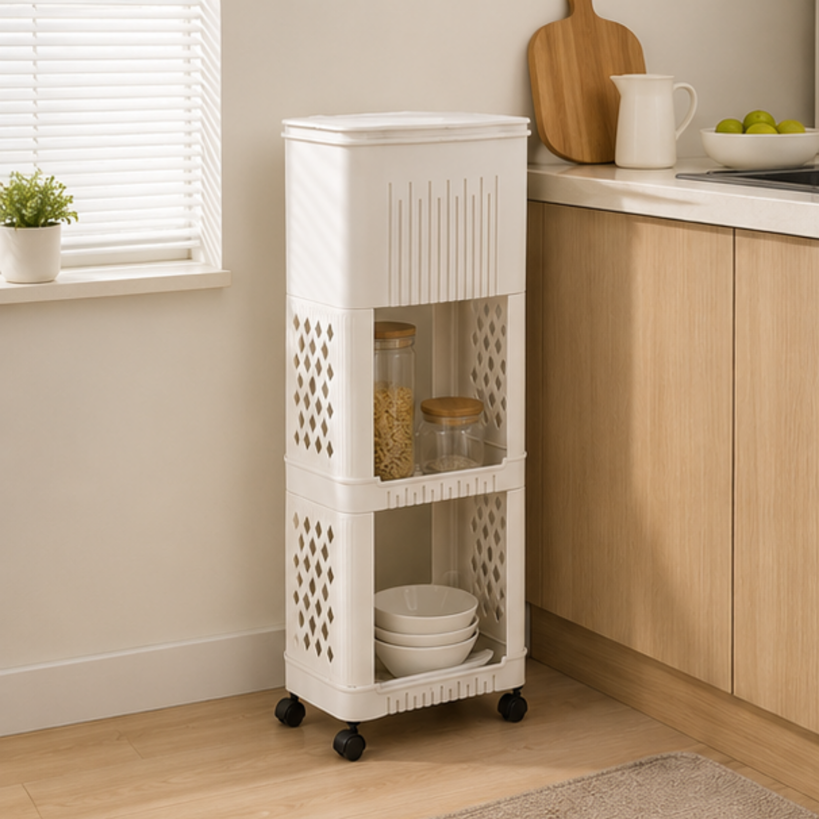 Multi Purpose Slim Storage Trash Bin with Open Mesh Storage Shelves