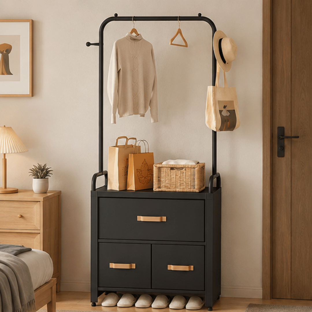 Multifunctional Coat Rack with Drawers Hooks and Hanging Storage Organizer