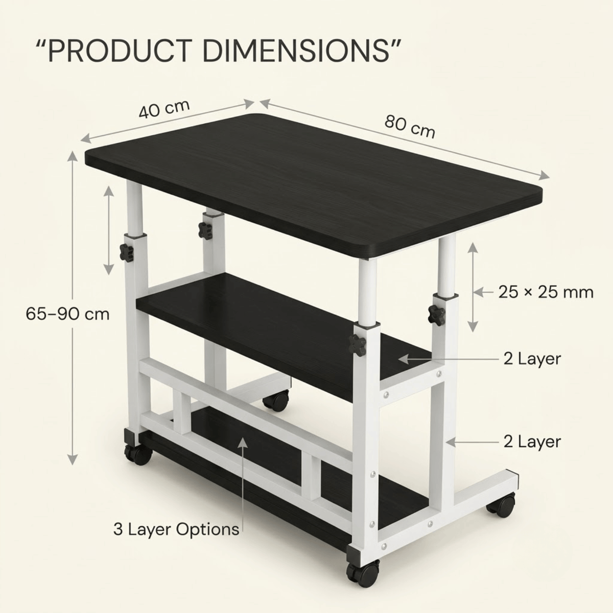 Height Adjustable Rolling Laptop Desk with Storage Shelves