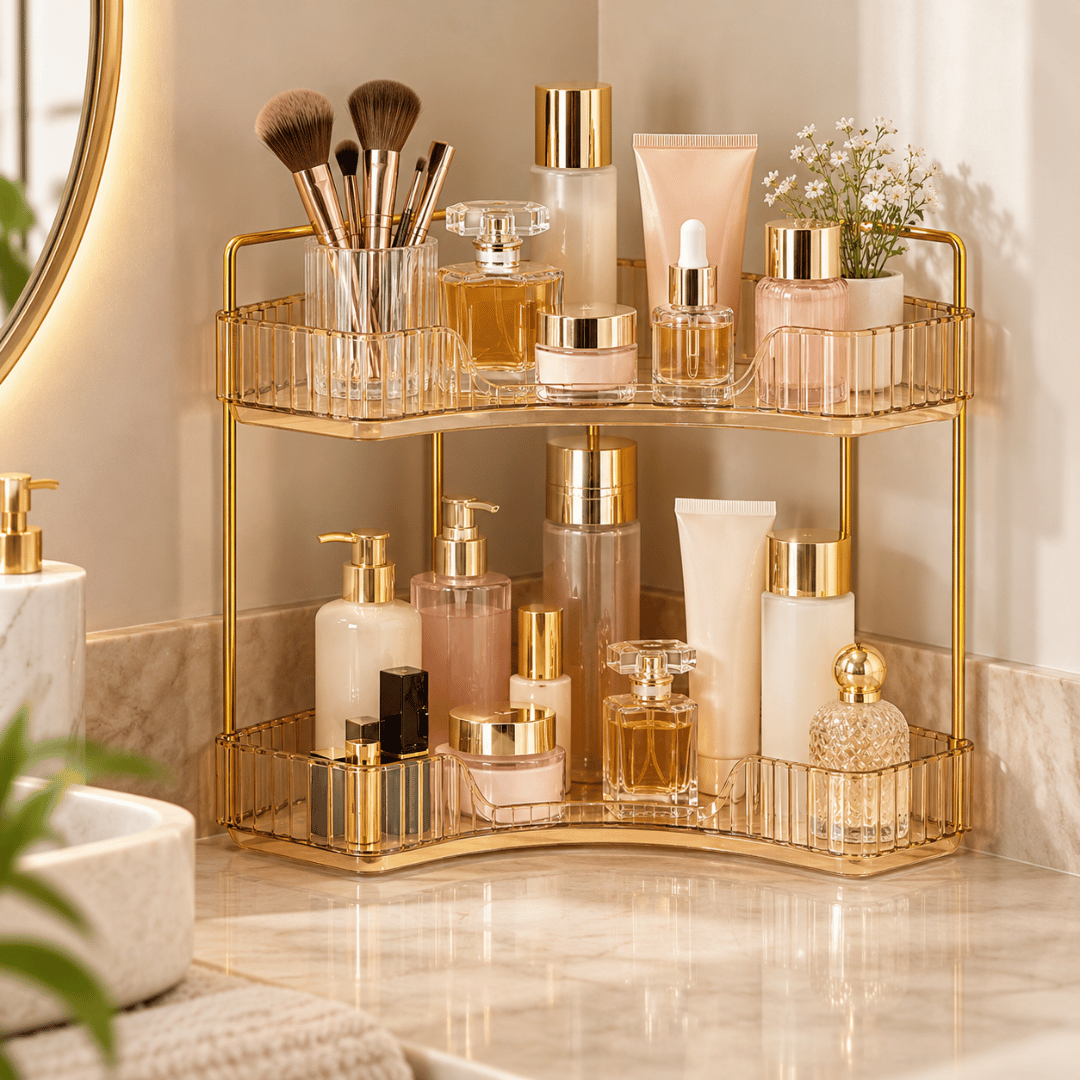 2 Tier Corner Bathroom Counter Organizer with Amber Gold Trays