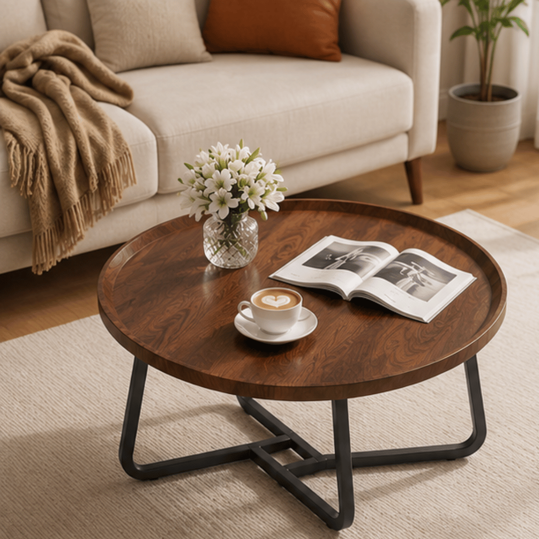 Modern Cocoa Wood Metal Frame Round Coffee Table