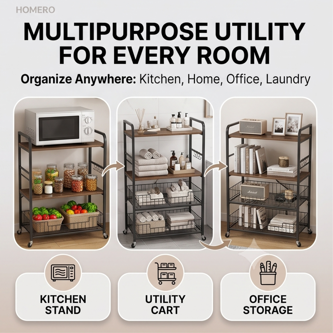 4 Tier Rolling Kitchen Storage Rack with Wooden Shelves & Wire Baskets