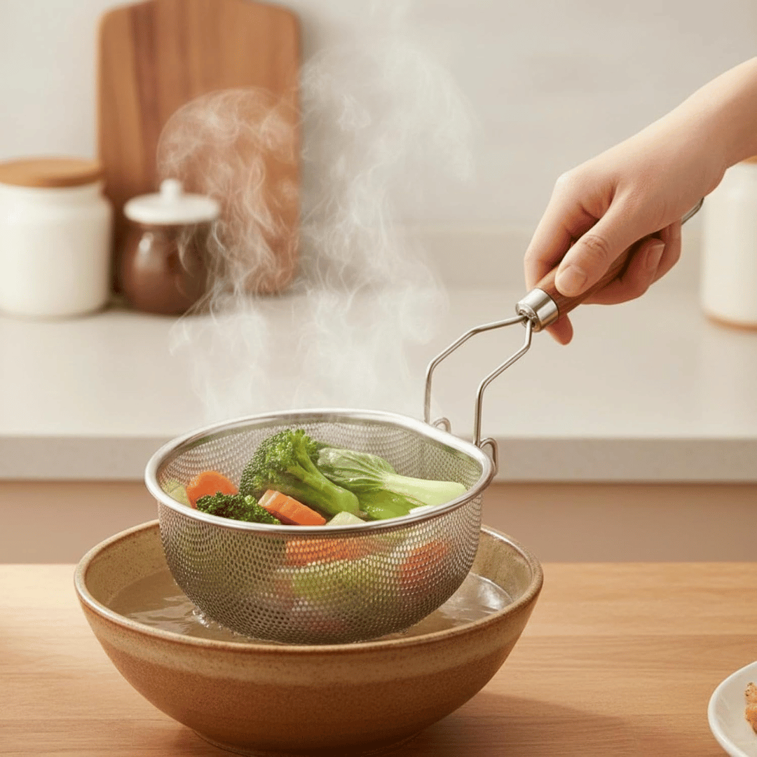 Premium Stainless Steel Noodle Strainer with Faux Wood Handle and Hanging Hook