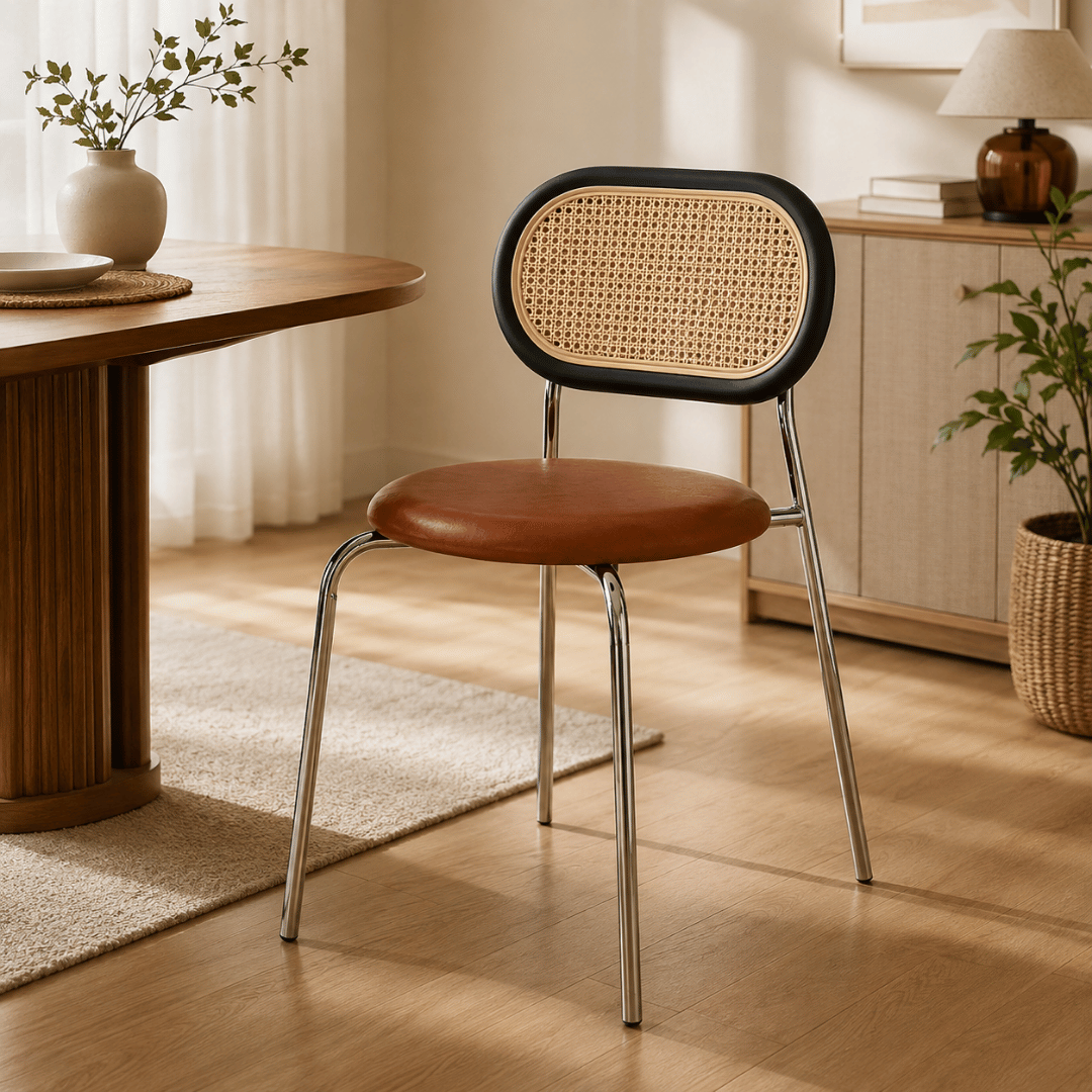 Elegant Rattan Ergonomic Backrest PU Leather Cushion Chair
