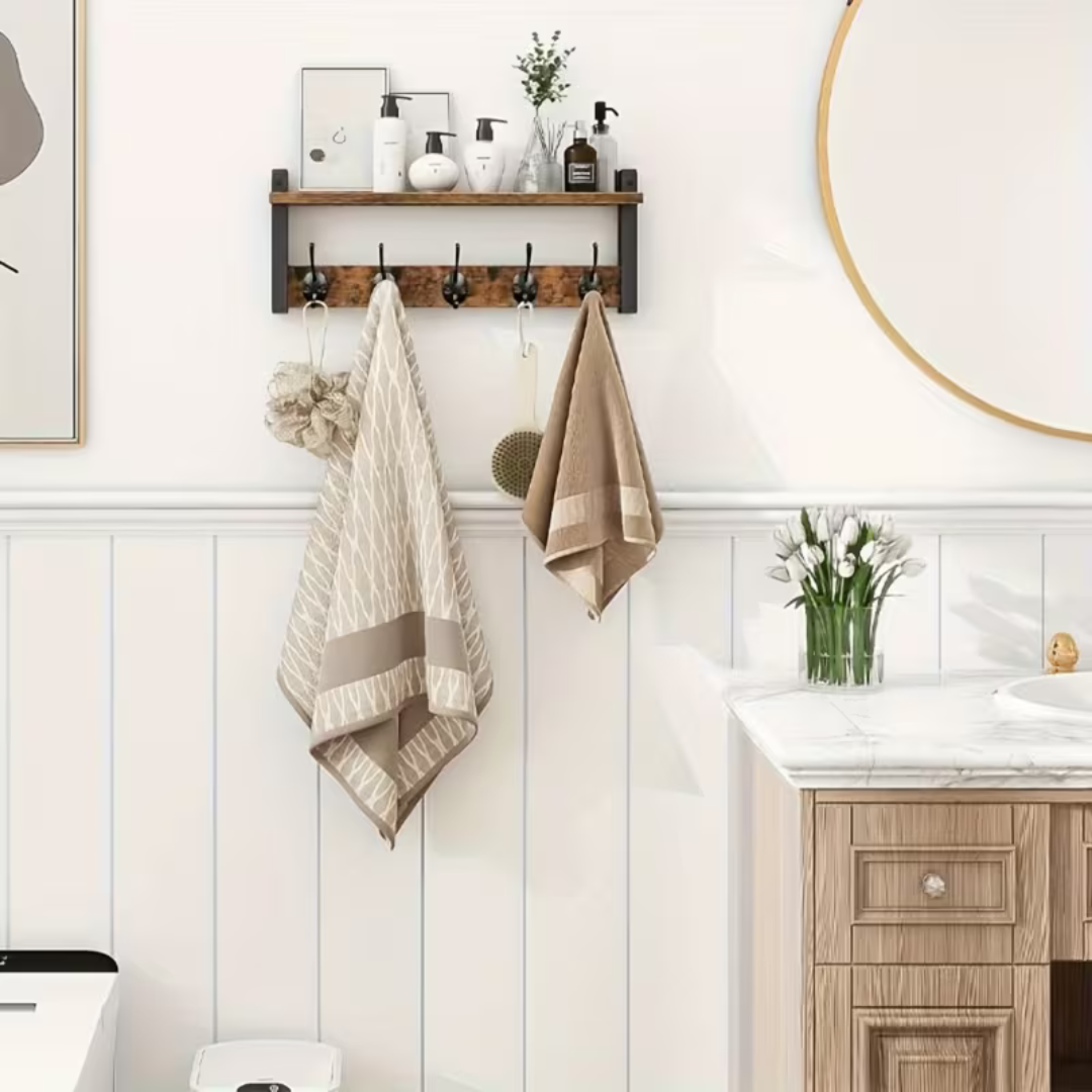 Multipurpose Wooden Wall Hanging Shelf with 5 Strong Metal Hooks