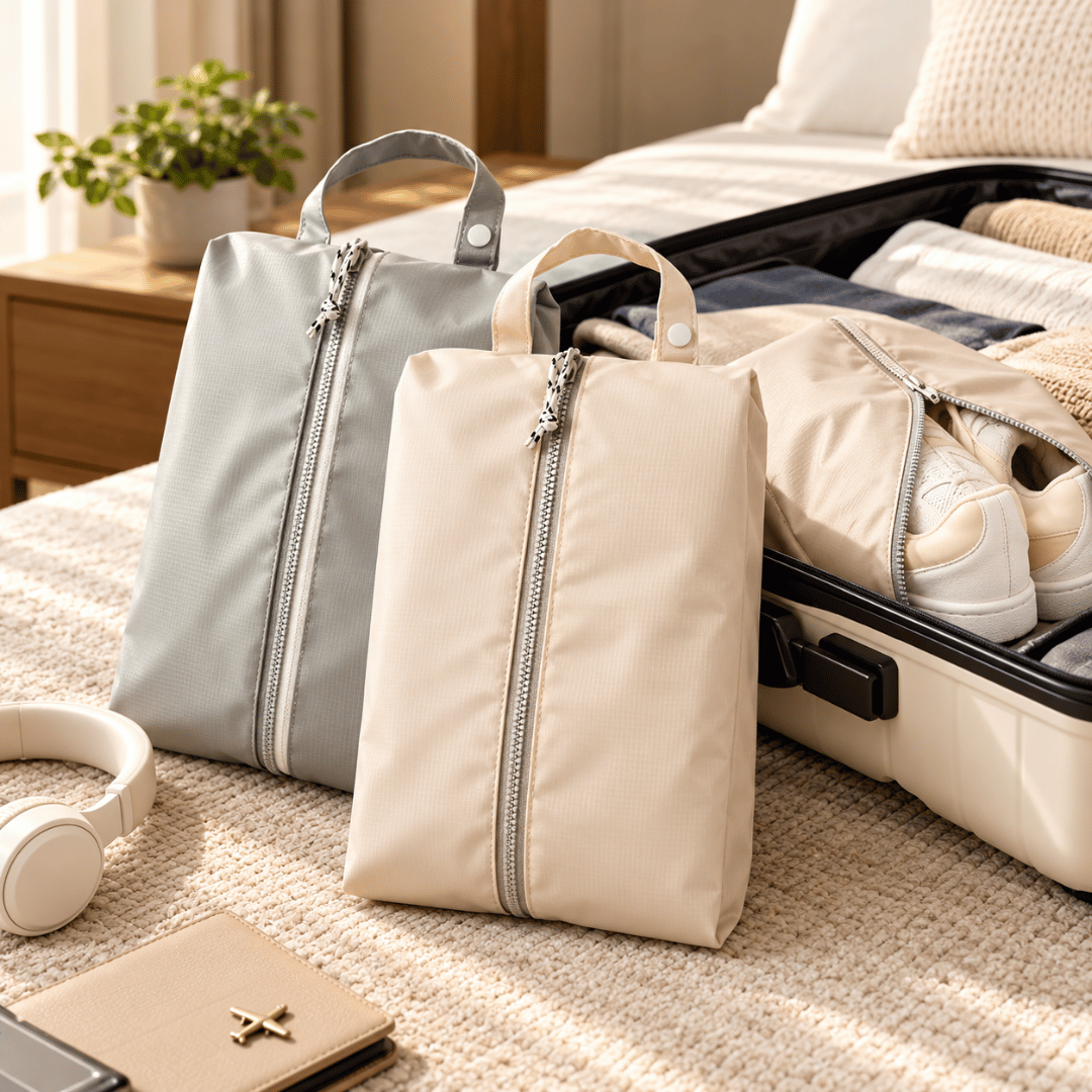 Portable Oxford Cloth Travel Shoe Bag with Dual Compartments and Luggage Strap