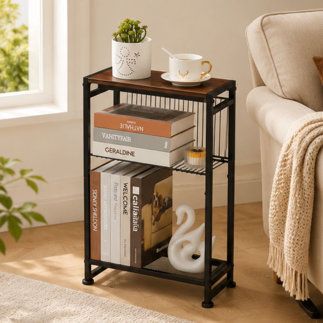 3-Tier Compact Bedside End Table with Magazine Holder and Metal Mesh Shelf